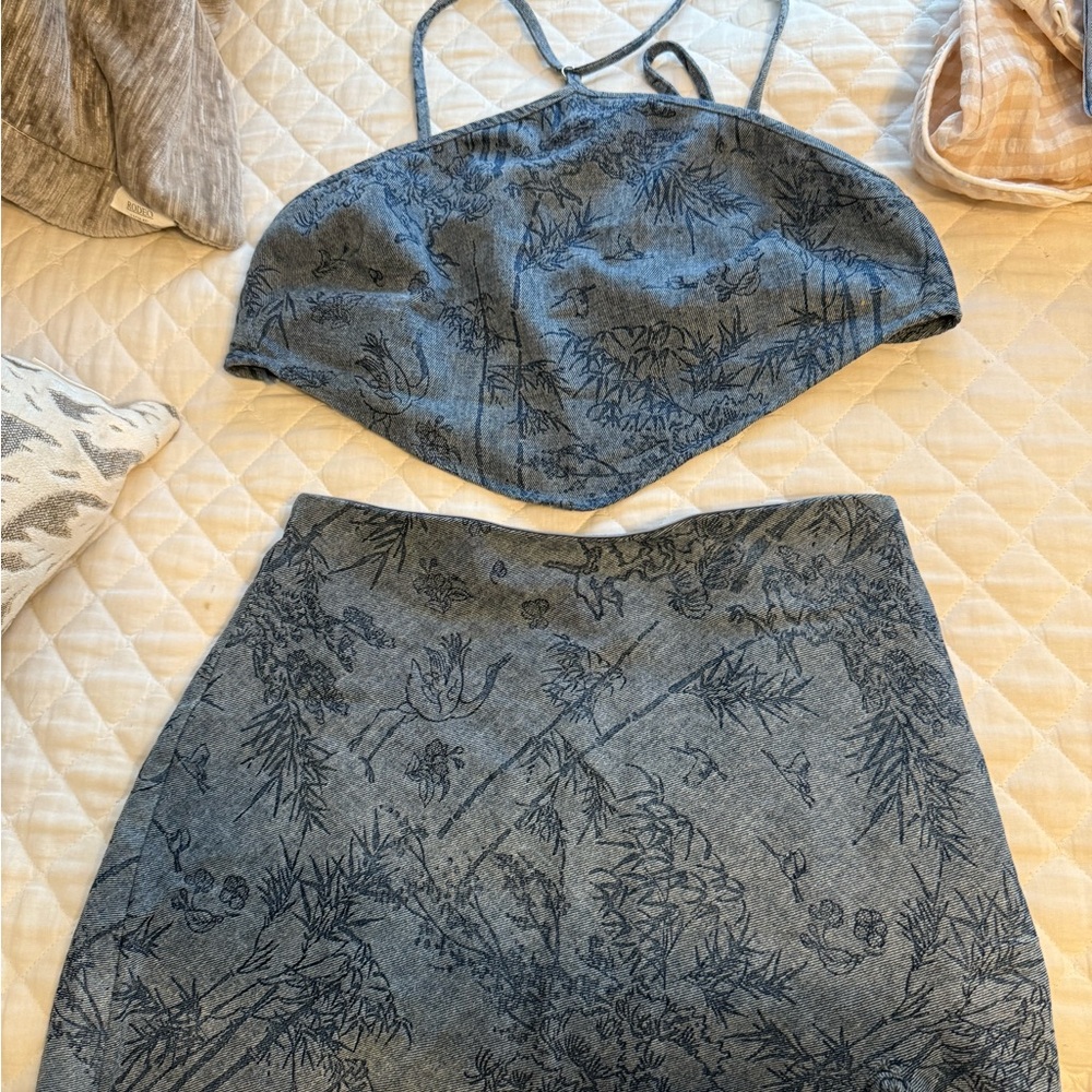 Floral Denim Skirt Set